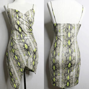 Tan Lime Green Snake Print Bodycon Y2K Mini Dress - Spaghetti Strap - M